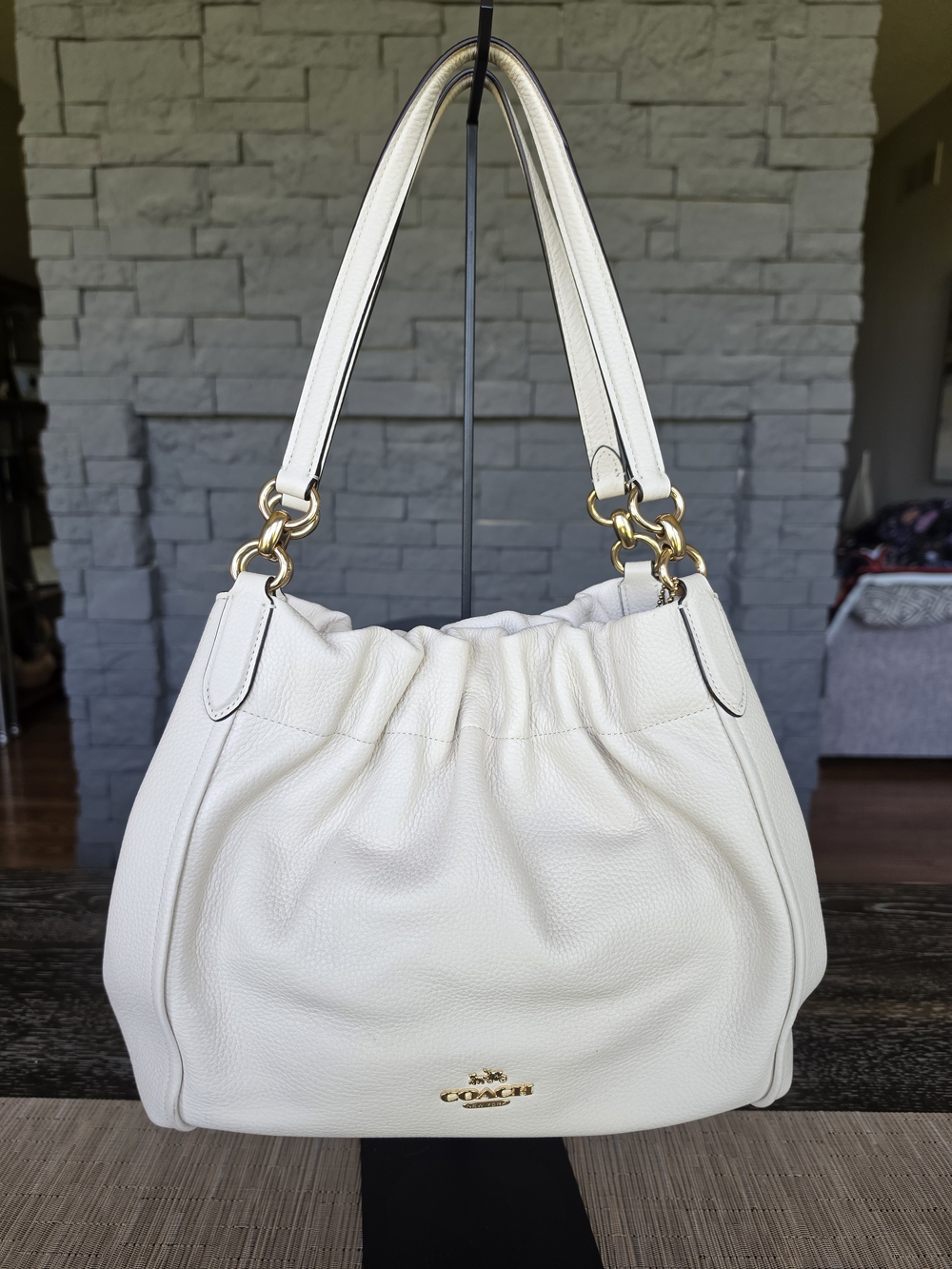 Coach Cream Pebbled Leather Shoulder Bag with Gold Hardware